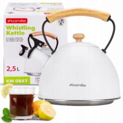 Ceainic Kamille inox 2.7L cu fluier automat alb‑argintiu pentru inducție
