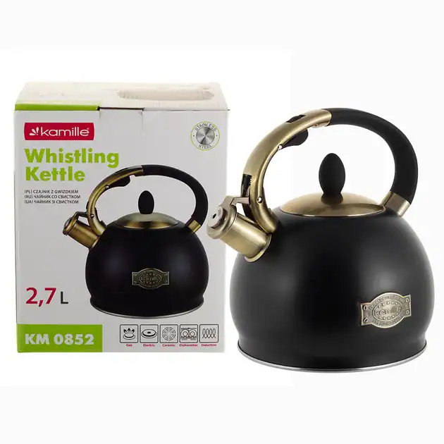 Ceainic Kamille inox 2.7L cu fluier negru‑auriu pentru inducție - imagine 5