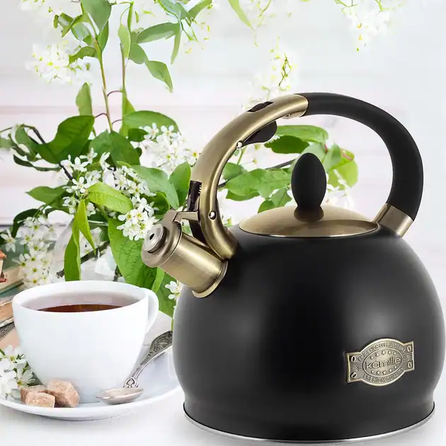 Ceainic Kamille inox 2.7L cu fluier negru‑auriu pentru inducție - imagine 2