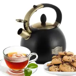 Ceainic Kamille inox 2.7L cu fluier negru‑auriu pentru inducție