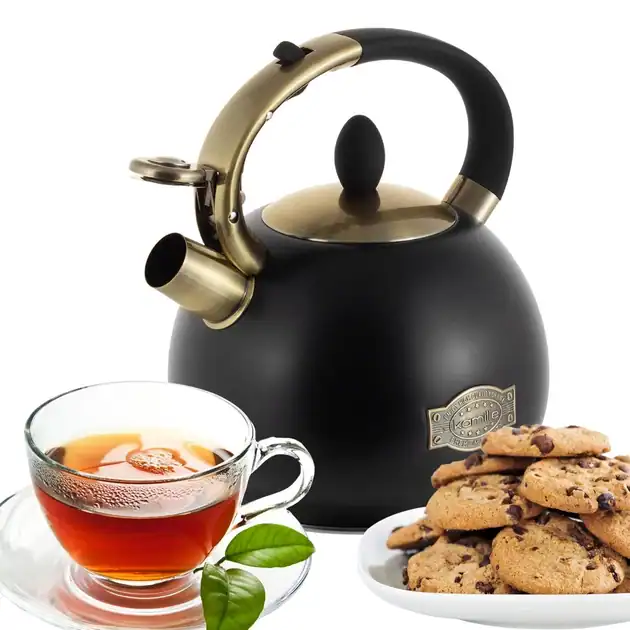 Ceainic Kamille inox 2.7L cu fluier negru‑auriu pentru inducție