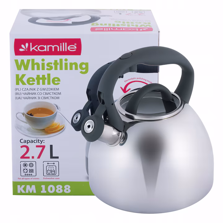 Ceainic Kamille 2,7 L din inox cu mâner negru, compatibil plite