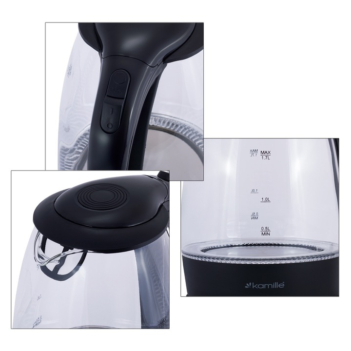 Fierbător electric Kamille 1.7L din sticlă cu iluminare LED albastră 2200W - imagine 3