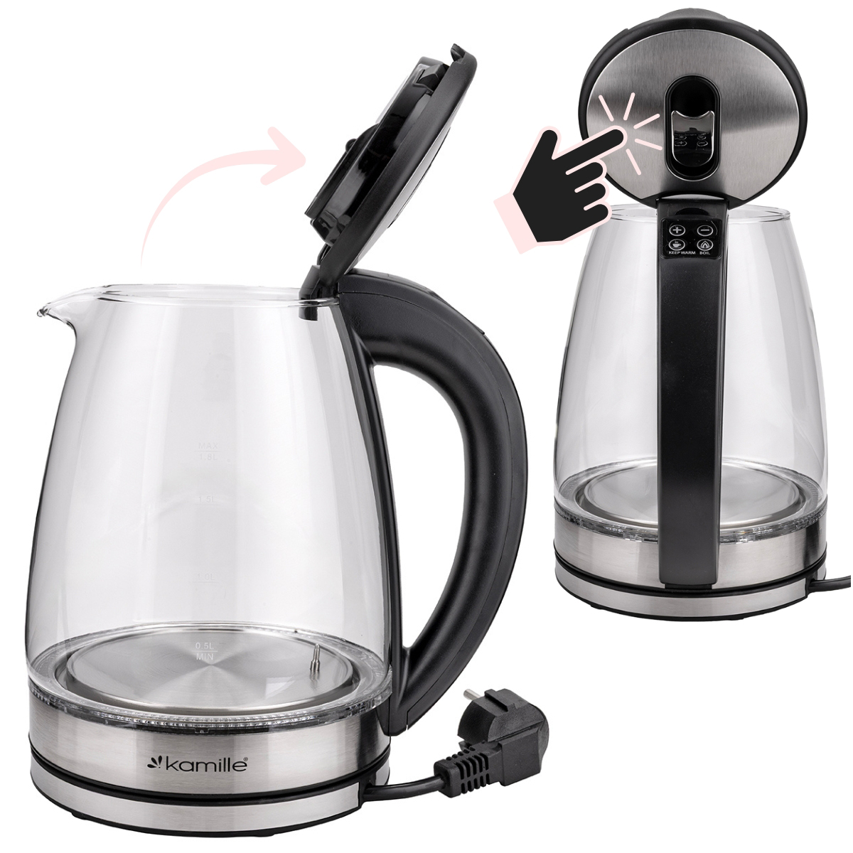 Fierbător electric Kamille 1.8 L reglare temperatură – sticlă - imagine 6