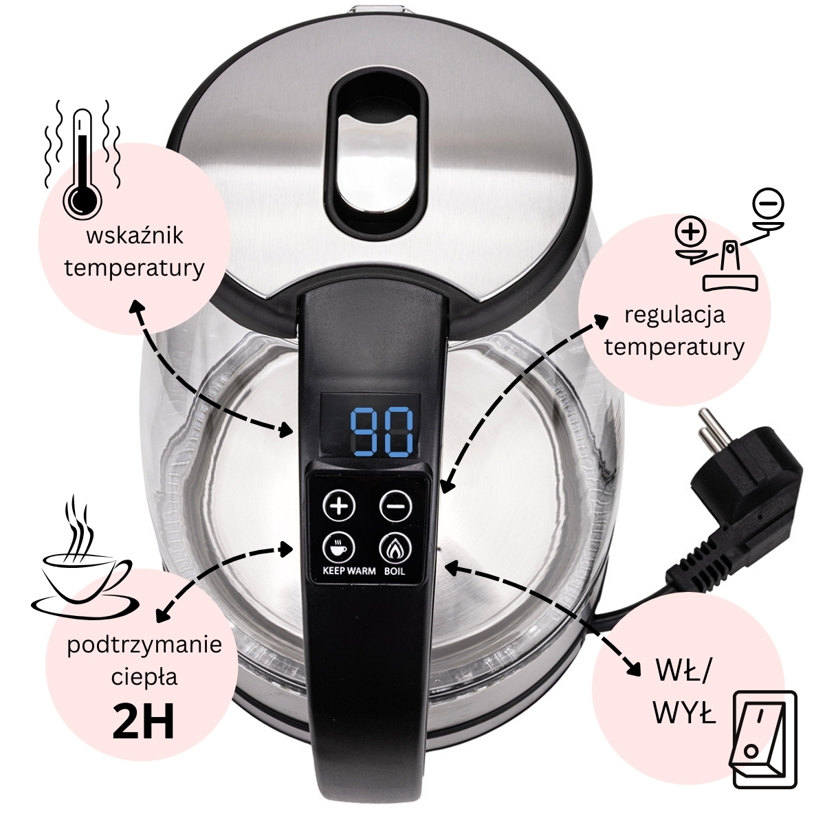 Fierbător electric Kamille 1.8 L reglare temperatură – sticlă - imagine 4