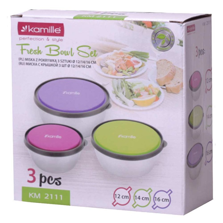 Set 3 boluri din oțel cu capace Kamille – recipiente pentru bucătărie - imagine 2