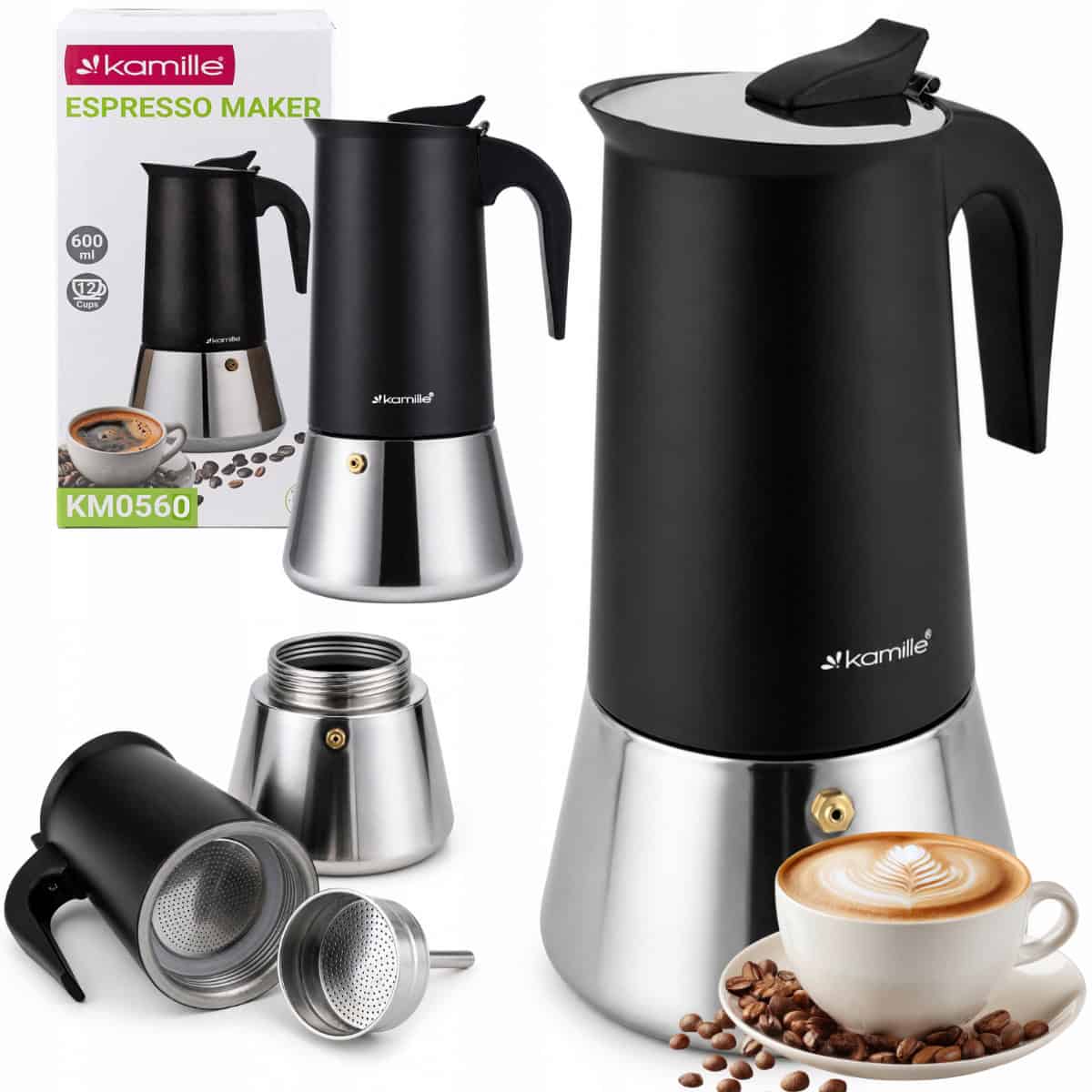 Cafetieră moka din inox, espressor pentru plită Kamille, 600 ml, 12 cești, negru - KM0560 - imagine 6