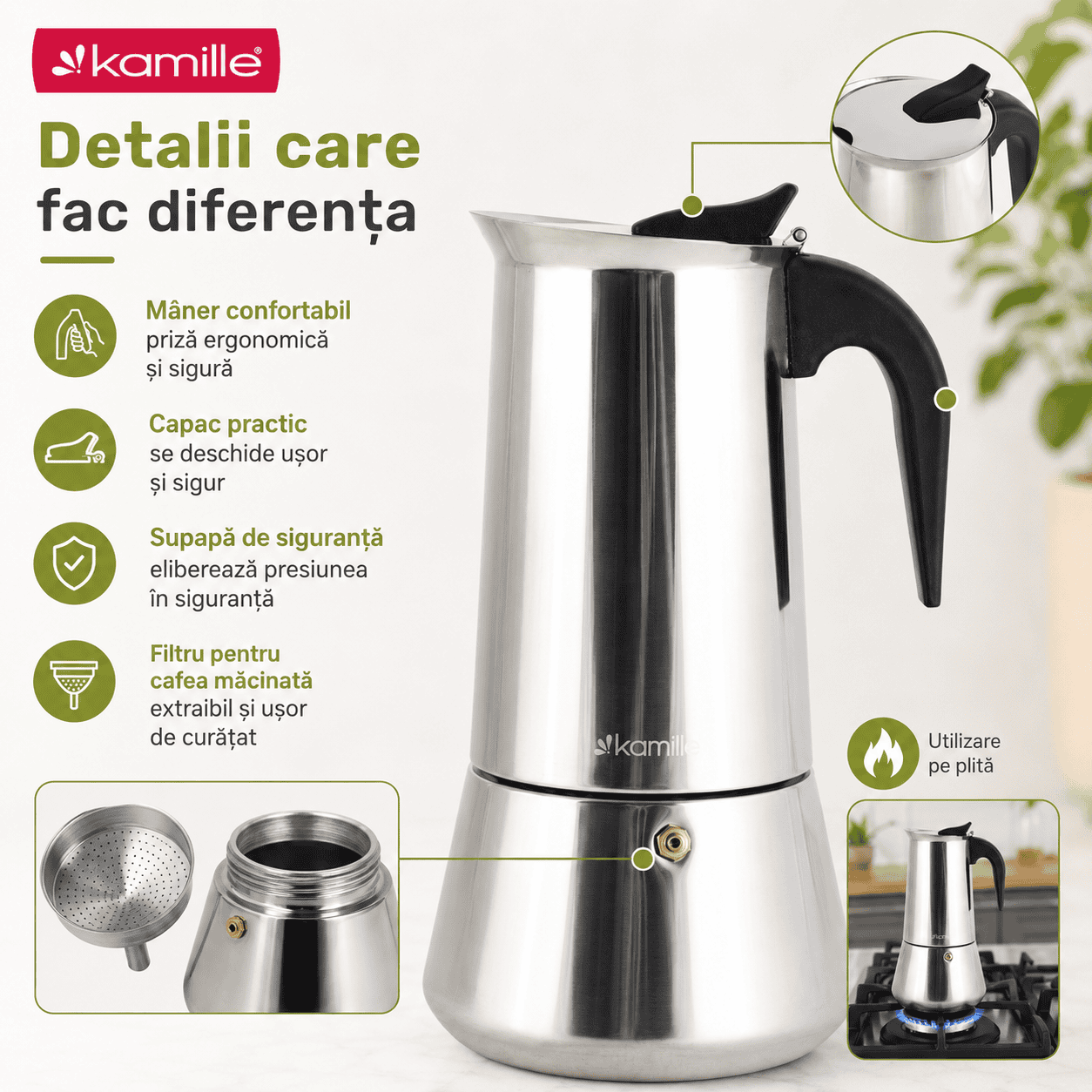 Cafetieră moka Kamille, espressor pentru plită din inox, 600 ml, 12 cești - KM0553 - imagine 2