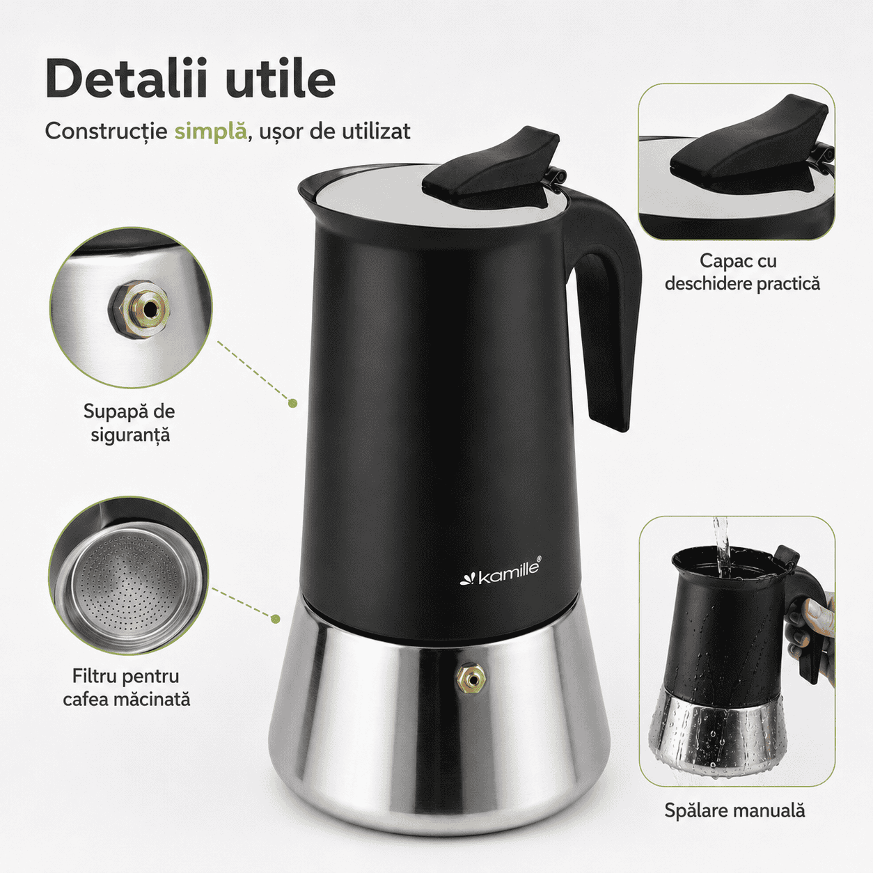 Cafetieră moka din inox, espressor pentru plită Kamille, 600 ml, 12 cești, negru - KM0560 - imagine 2