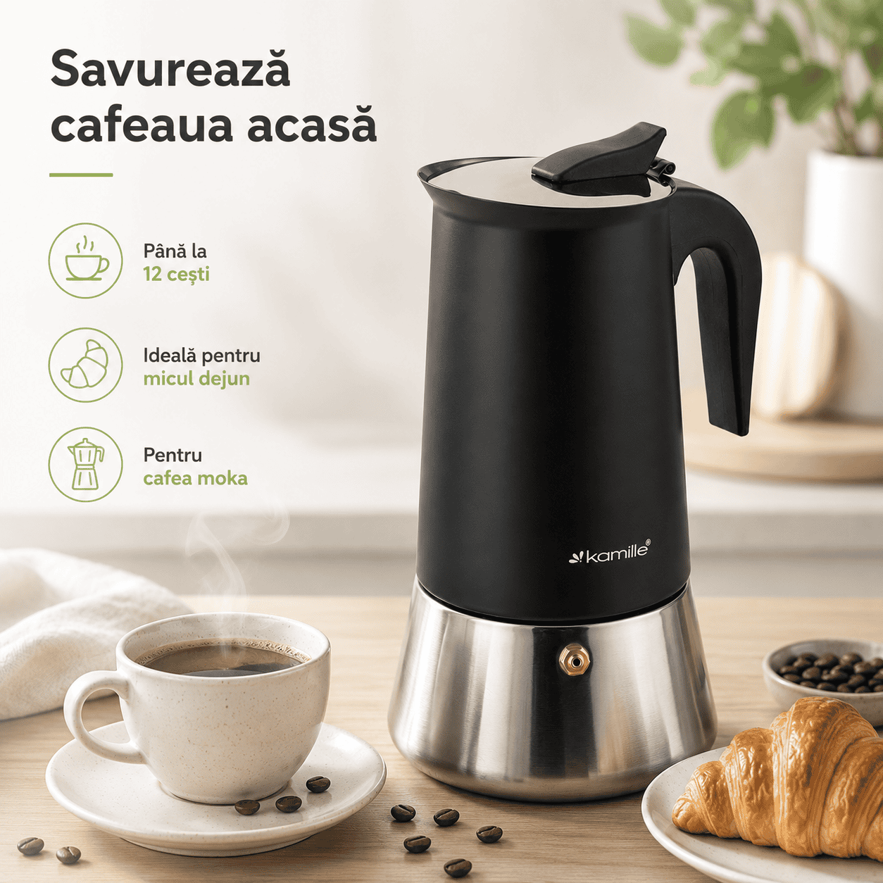 Cafetieră moka din inox, espressor pentru plită Kamille, 600 ml, 12 cești, negru - KM0560 - imagine 4