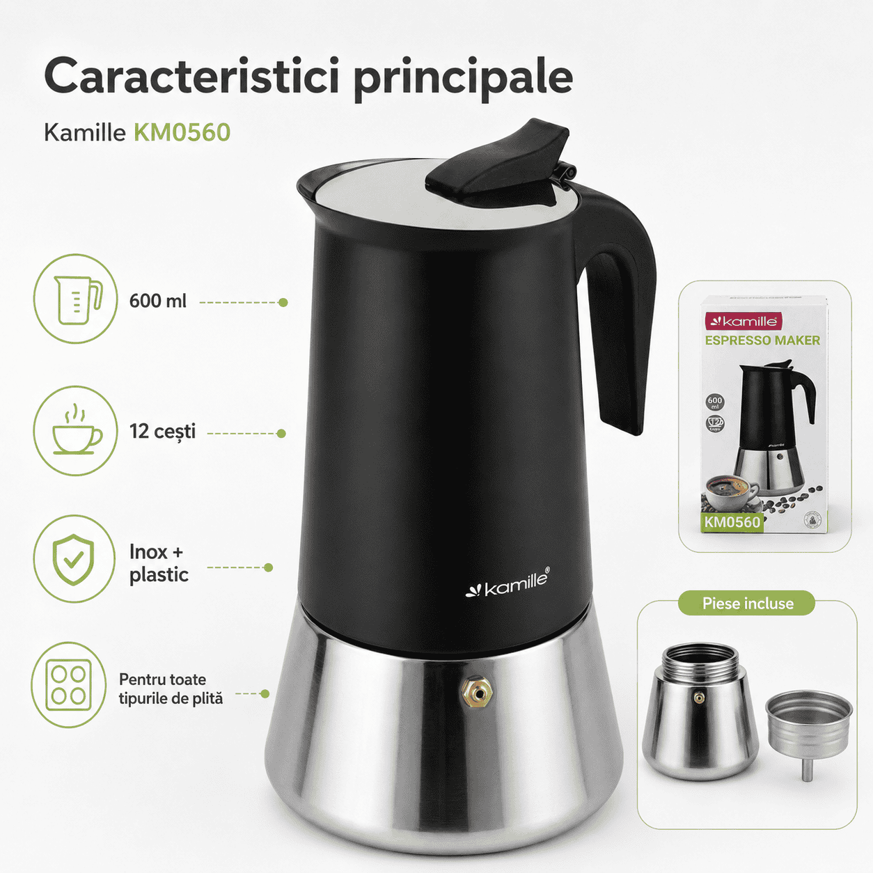 Cafetieră moka din inox, espressor pentru plită Kamille, 600 ml, 12 cești, negru - KM0560 - imagine 3