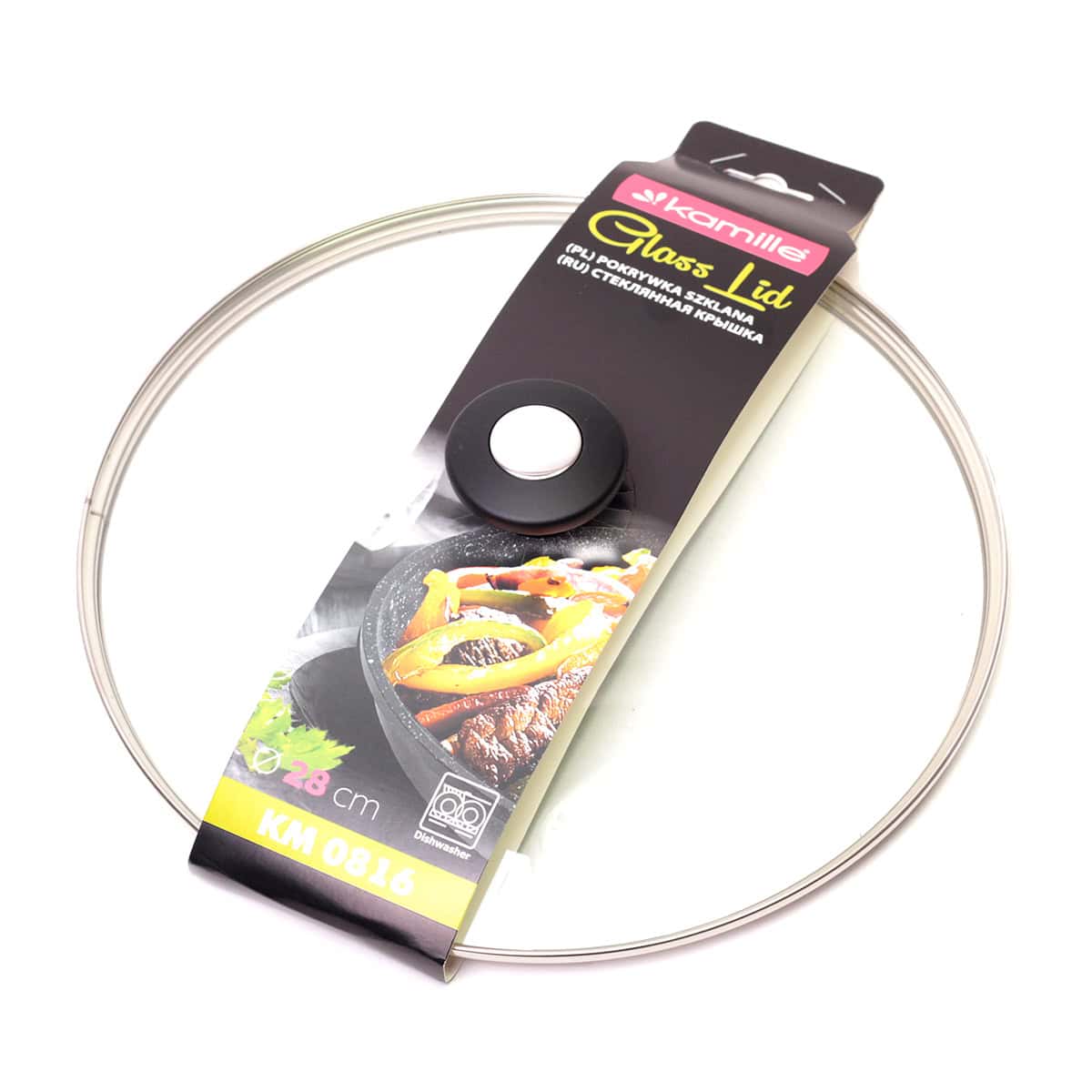 Capac universal din sticlă termorezistentă Kamille, cu margine din inox, 28 cm
