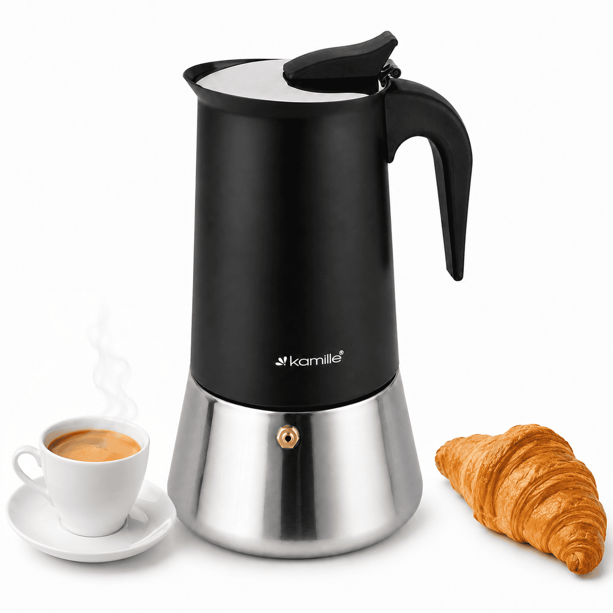 Cafetieră moka din inox, espressor pentru plită Kamille, 600 ml, 12 cești, negru - KM0560