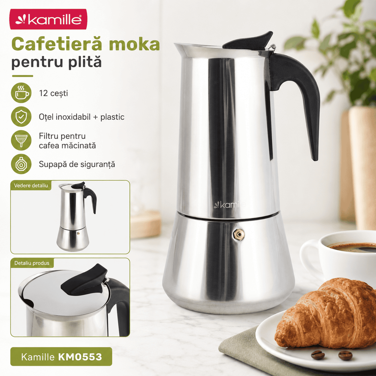 Cafetieră moka Kamille, espressor pentru plită din inox, 600 ml, 12 cești - KM0553 - imagine 3