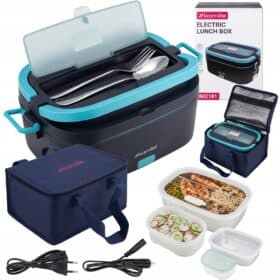 Lunch box electric Kamille, 1,5 L + 0,45 L, 80 W, alimentare auto și la priză, cu geantă termoizolantă, bleumarin-turcoaz - KM2181