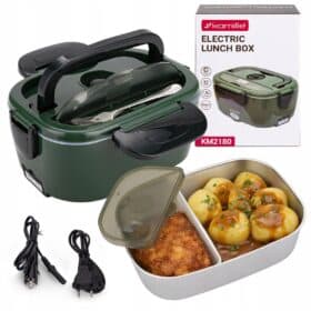 Lunch box electric Kamille, 1,5 L + recipient 0,45 L, 60 W, alimentare auto și la priză, verde-negru - KM2180