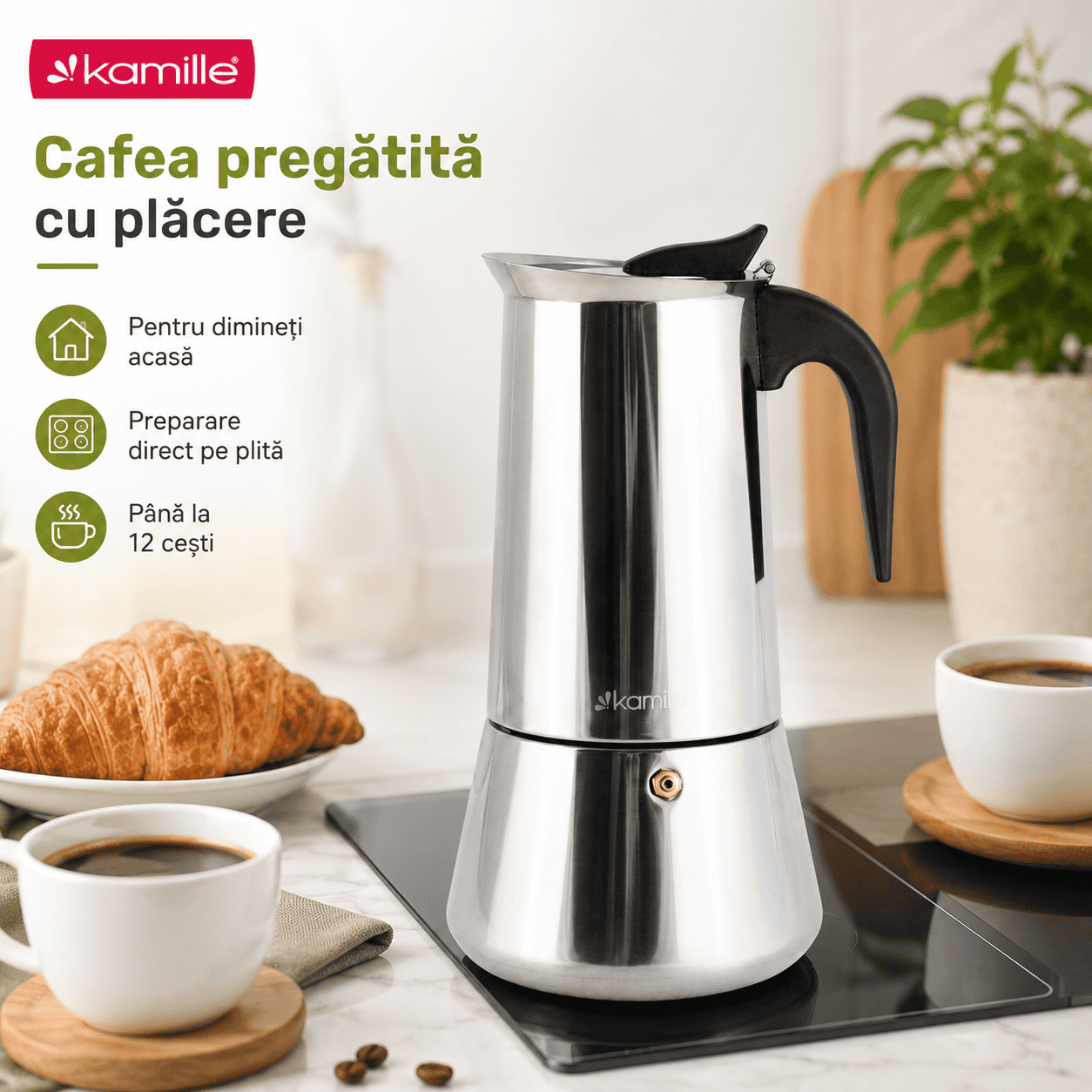 Cafetieră moka Kamille, espressor pentru plită din inox, 600 ml, 12 cești - KM0553 - imagine 4