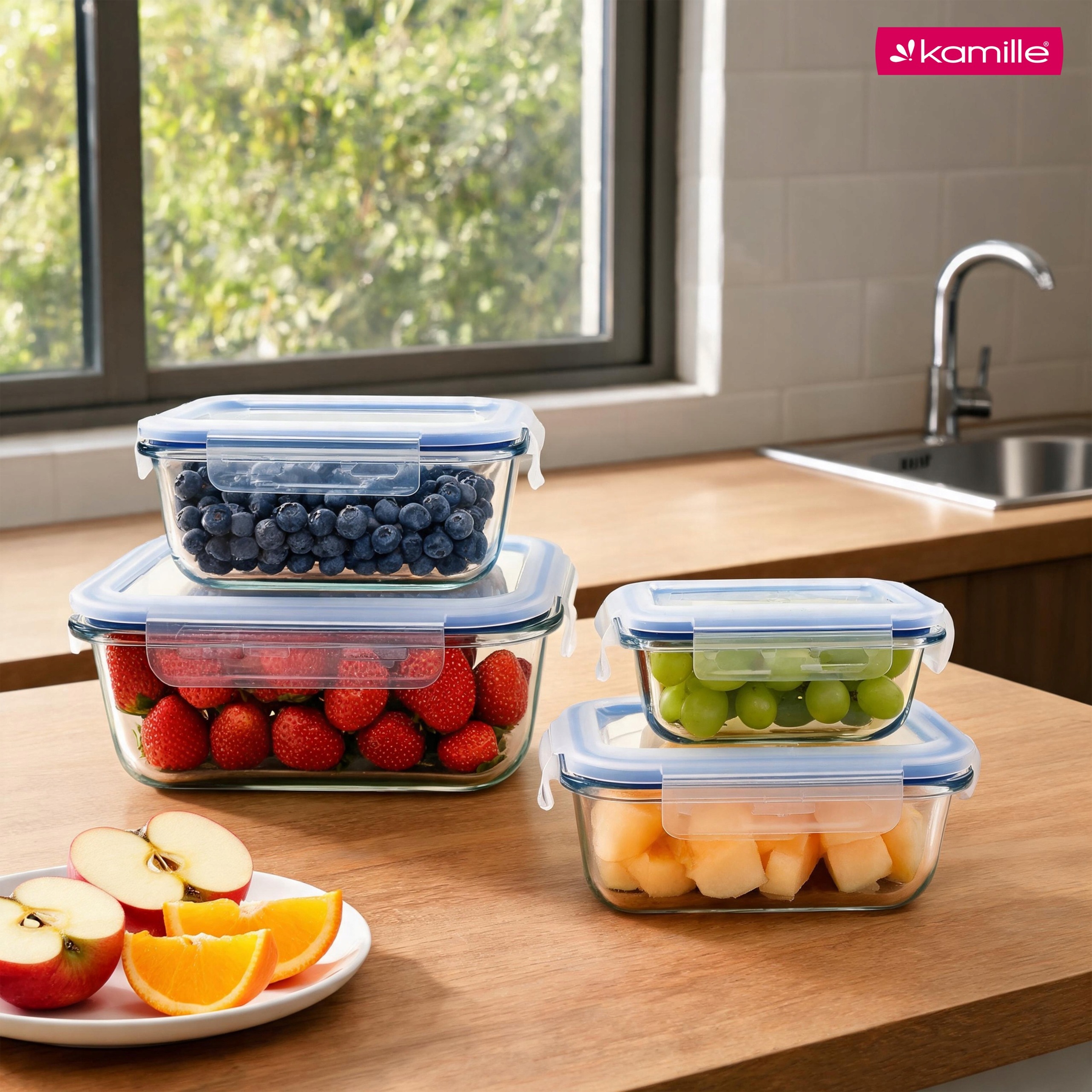 Set 4 recipiente alimentare din sticla borosilicata, cu capace ermetice, 370/640/1040/1520 ml, Kamille - 9106 - imagine 2