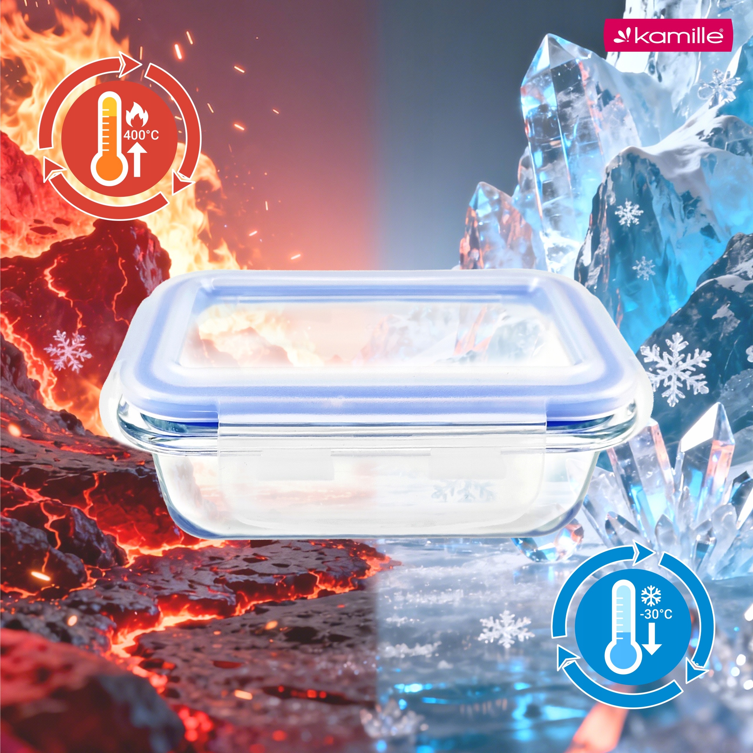 Set 4 recipiente alimentare din sticlă borosilicată cu capace etanșe, 185/370/640/1040 ml, Kamille - 9105 - imagine 4