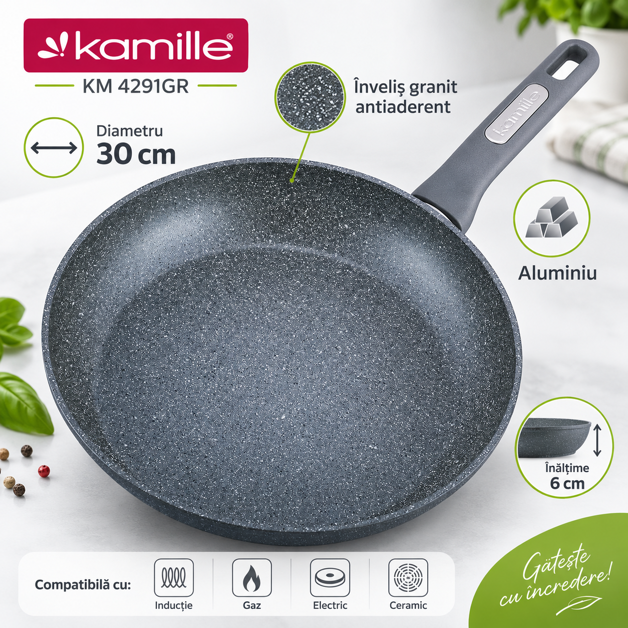 Tigaie din aluminiu cu înveliș granit, 30 x 6 cm, pentru inducție, Kamille - 4291GR - imagine 2