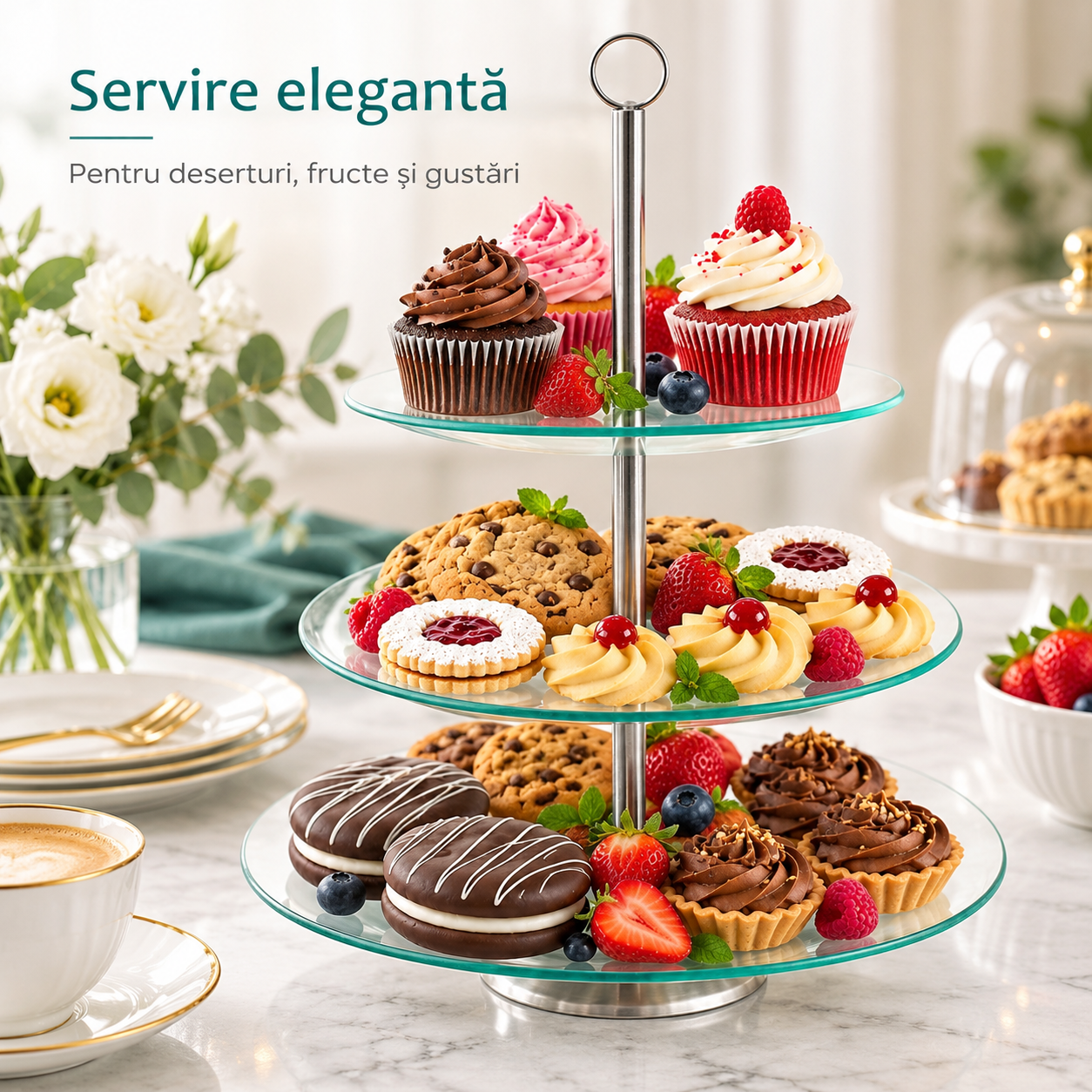Suport pentru tort și deserturi cu 3 niveluri, sticlă, 21/25/30 cm, Kamille 9055 - imagine 4