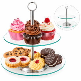Suport etajat pentru tort si deserturi Kamille 9052, 2 niveluri, sticla, Ø21/25 cm