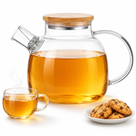 Ceainic infuzor din sticlă borosilicată pentru ceai și plante, 1.5 L, cu filtru metalic și capac din lemn, Kamille 9030M