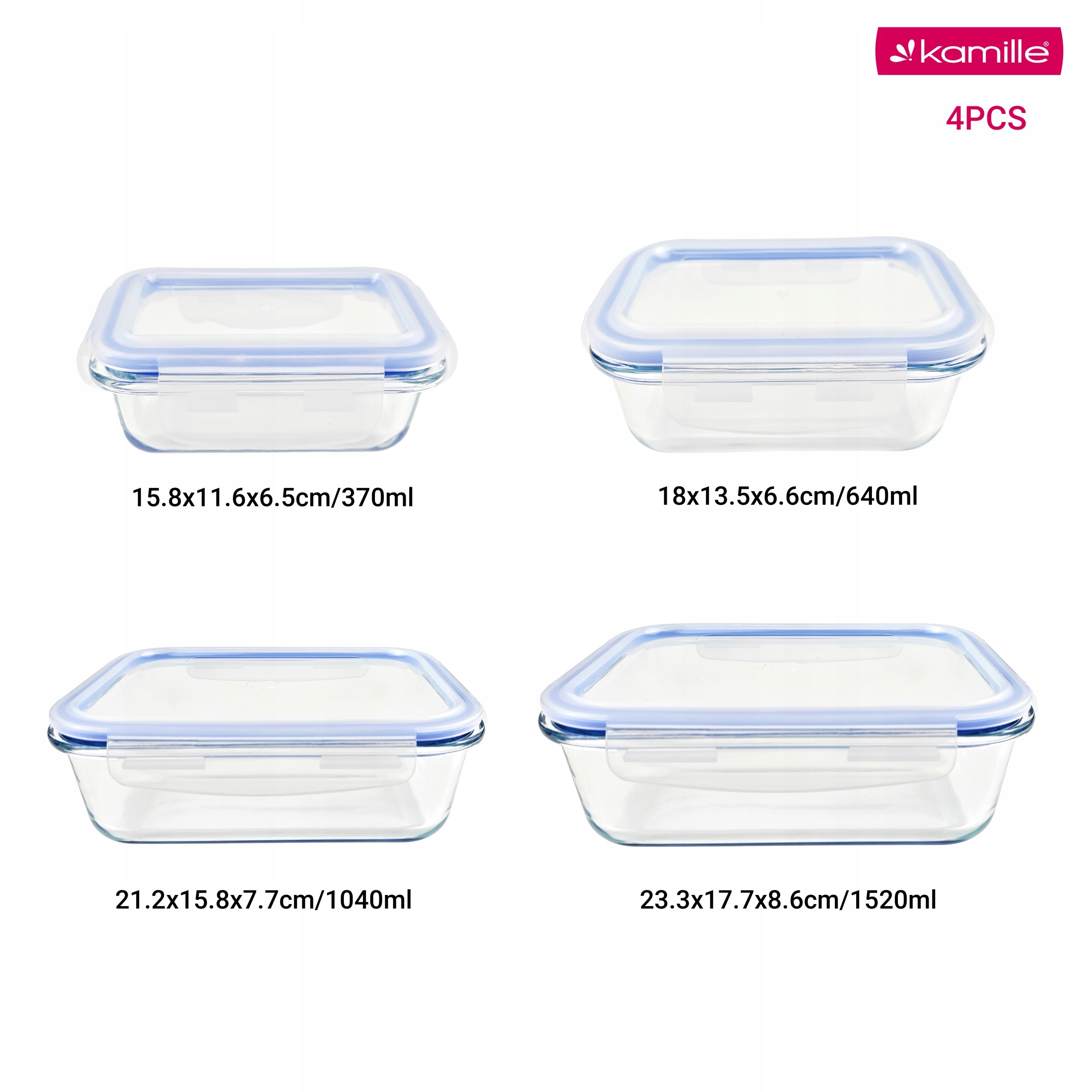 Set 4 recipiente alimentare din sticla borosilicata, cu capace ermetice, 370/640/1040/1520 ml, Kamille - 9106 - imagine 6