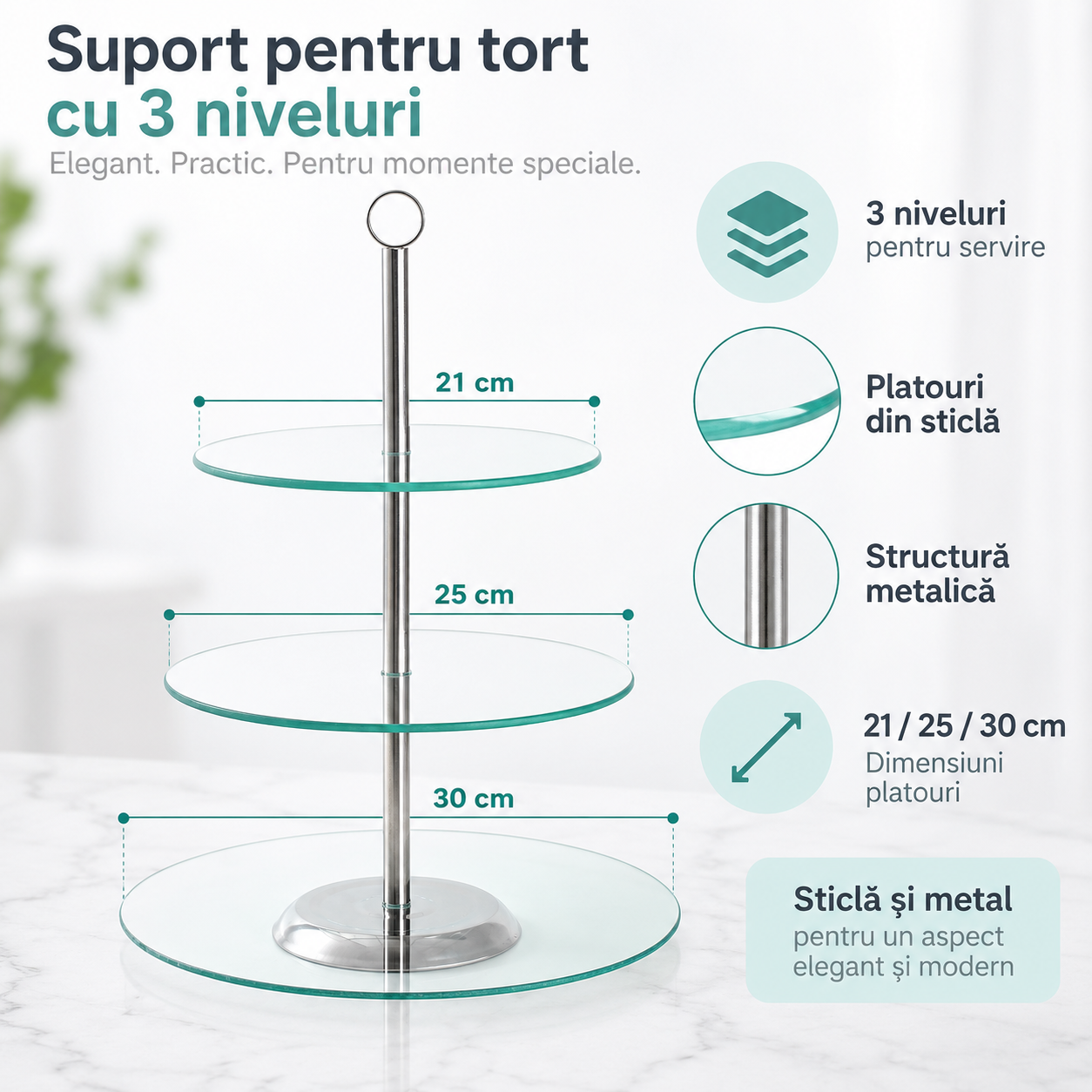 Suport pentru tort și deserturi cu 3 niveluri, sticlă, 21/25/30 cm, Kamille 9053 - imagine 2