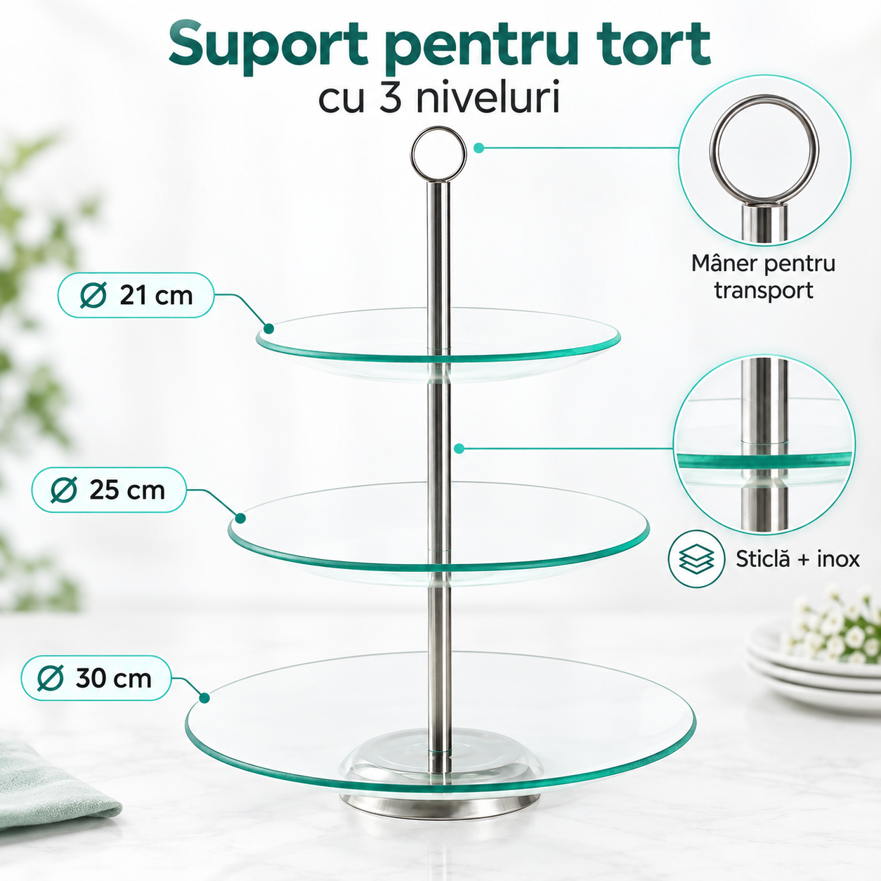 Suport pentru tort și deserturi cu 3 niveluri, sticlă, 21/25/30 cm, Kamille 9055 - imagine 2
