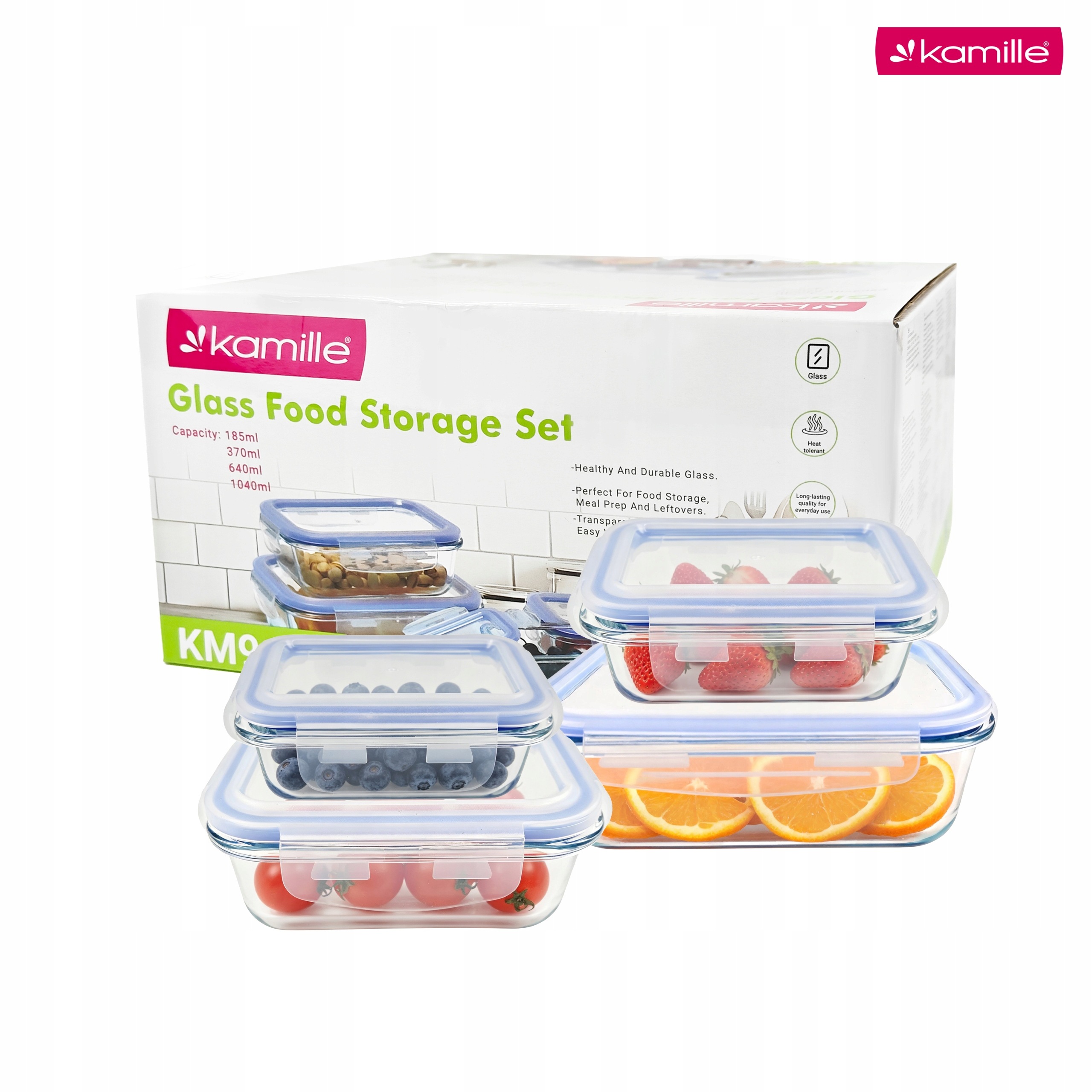 Set 4 recipiente alimentare din sticlă borosilicată cu capace etanșe, 185/370/640/1040 ml, Kamille - 9105
