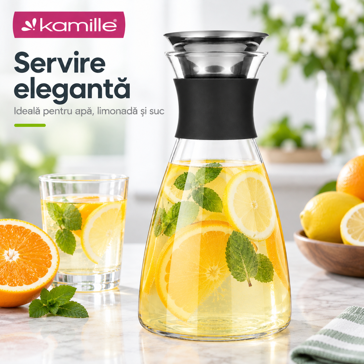 Carafă din sticlă pentru apă și băuturi, 1 L, dop din oțel inoxidabil, Kamille - 9031 - imagine 2