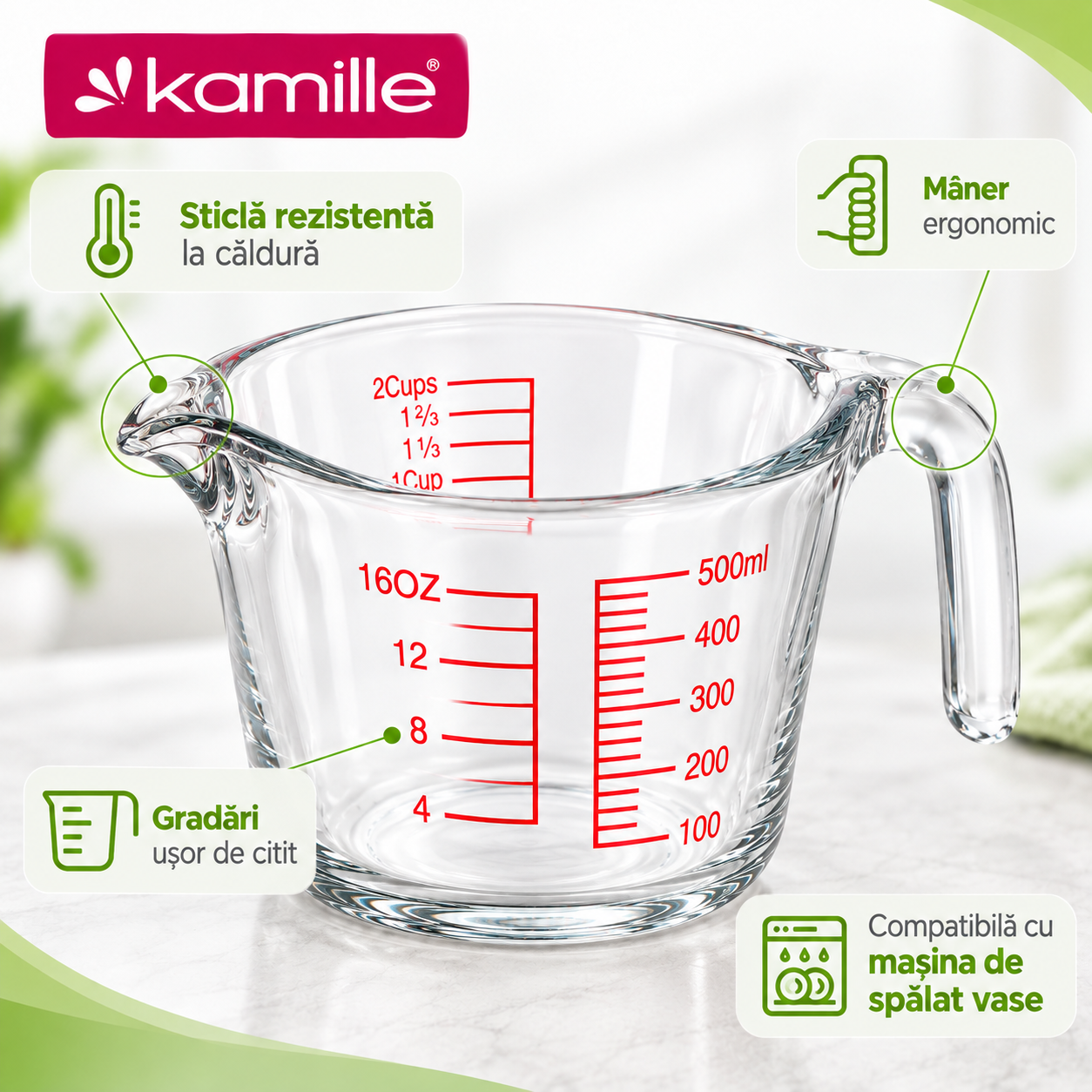 Cană gradată din sticlă 500 ml pentru măsurarea ingredientelor – Kamille 9176 - imagine 3