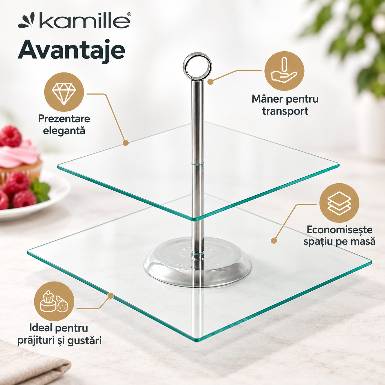 Suport etajat pentru tort si prajituri Kamille 9056, 2 niveluri, sticla si inox, 21 x 21 cm / 25 x 25 cm - imagine 3