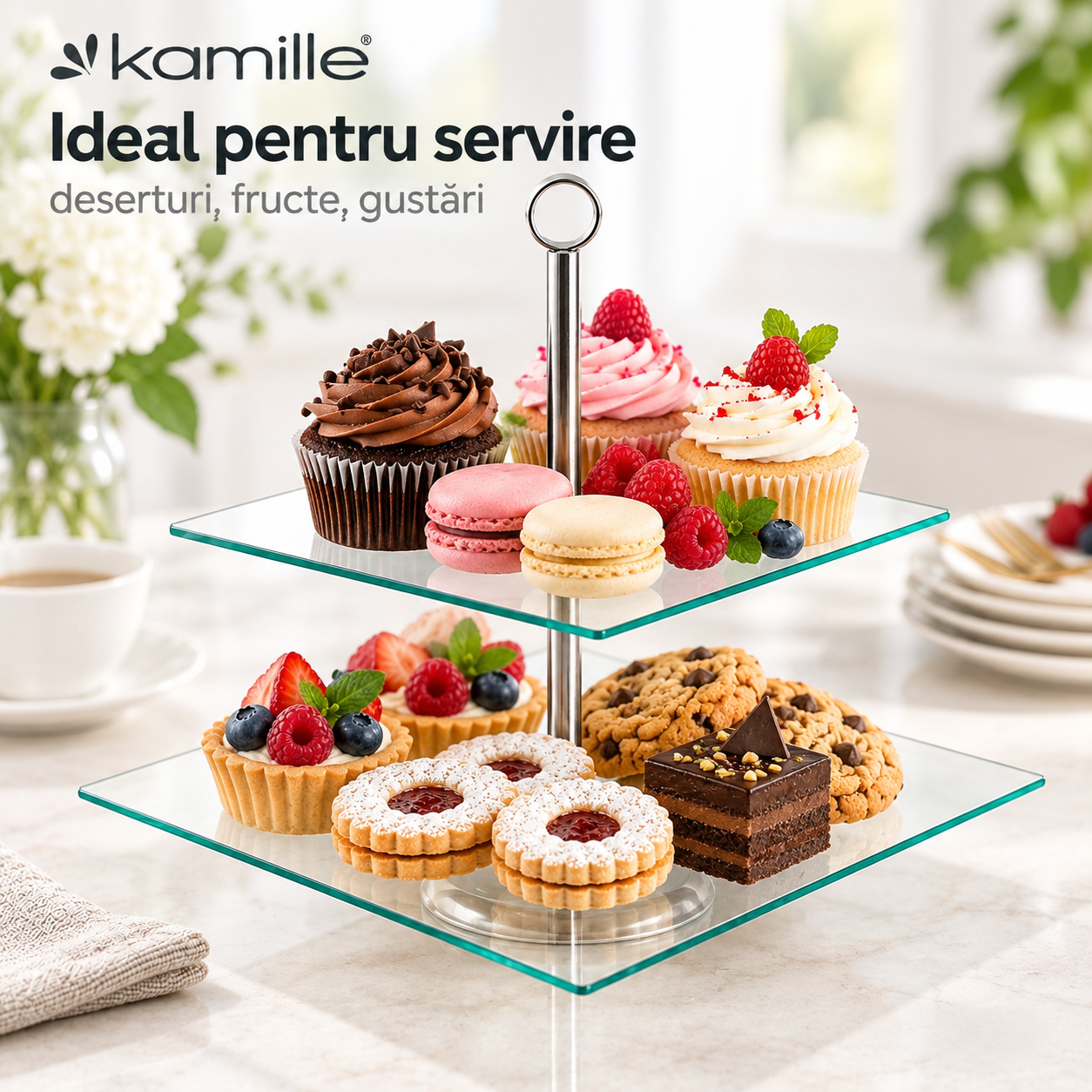 Suport etajat pentru tort si prajituri Kamille 9056, 2 niveluri, sticla si inox, 21 x 21 cm / 25 x 25 cm - imagine 4