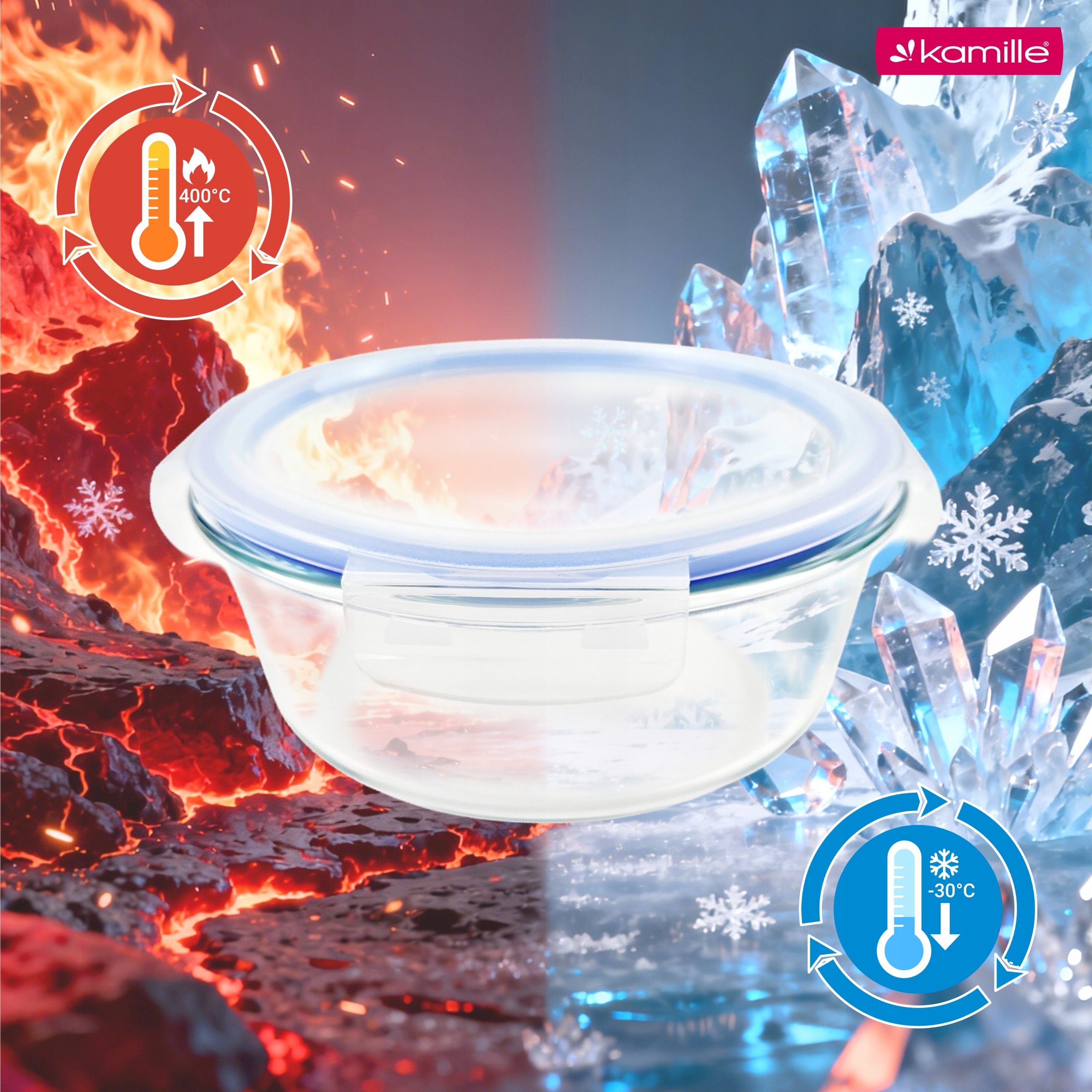 Set 4 recipiente alimentare din sticla borosilicata, cu capace ermetice, 370/635/930/1400 ml, Kamille - KM9116 - imagine 4