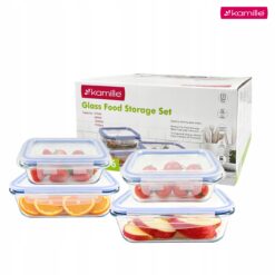 Set 4 recipiente alimentare din sticla borosilicata, cu capace ermetice, 370/640/1040/1520 ml, Kamille - 9106