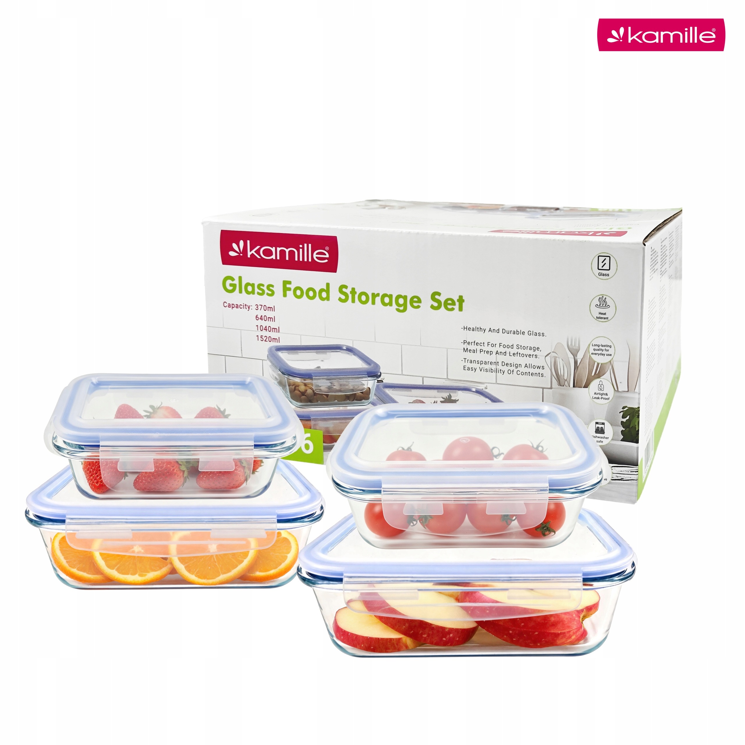 Set 4 recipiente alimentare din sticla borosilicata, cu capace ermetice, 370/640/1040/1520 ml, Kamille - 9106