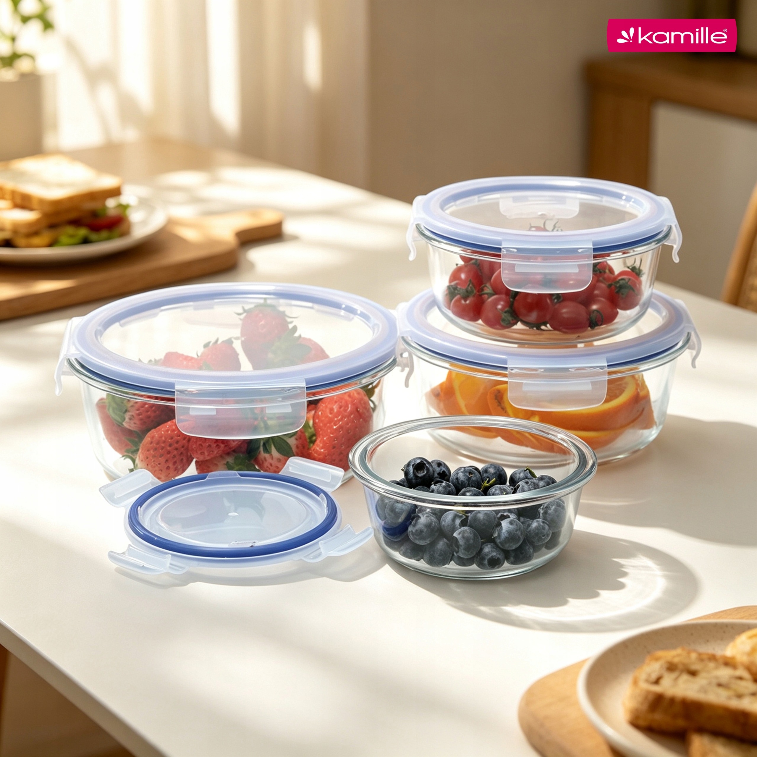 Set 4 recipiente alimentare din sticla borosilicata, cu capace ermetice, 370/635/930/1400 ml, Kamille - KM9116 - imagine 3