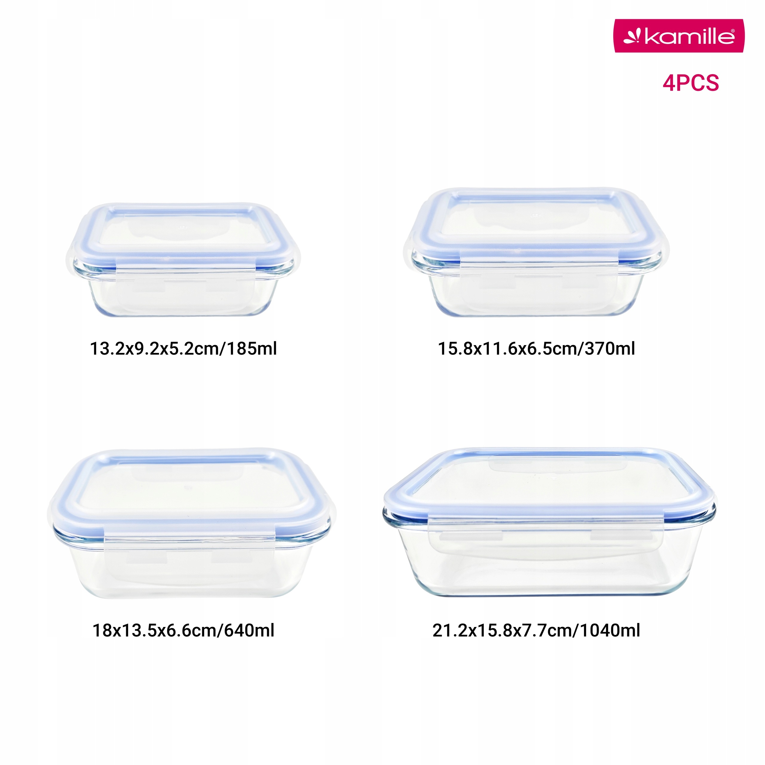 Set 4 recipiente alimentare din sticlă borosilicată cu capace etanșe, 185/370/640/1040 ml, Kamille - 9105 - imagine 7
