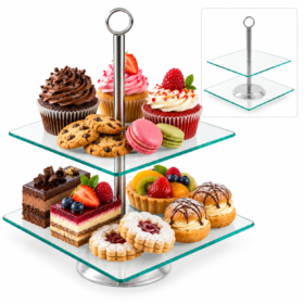 Suport etajat pentru tort si prajituri Kamille 9056, 2 niveluri, sticla si inox, 21 x 21 cm / 25 x 25 cm
