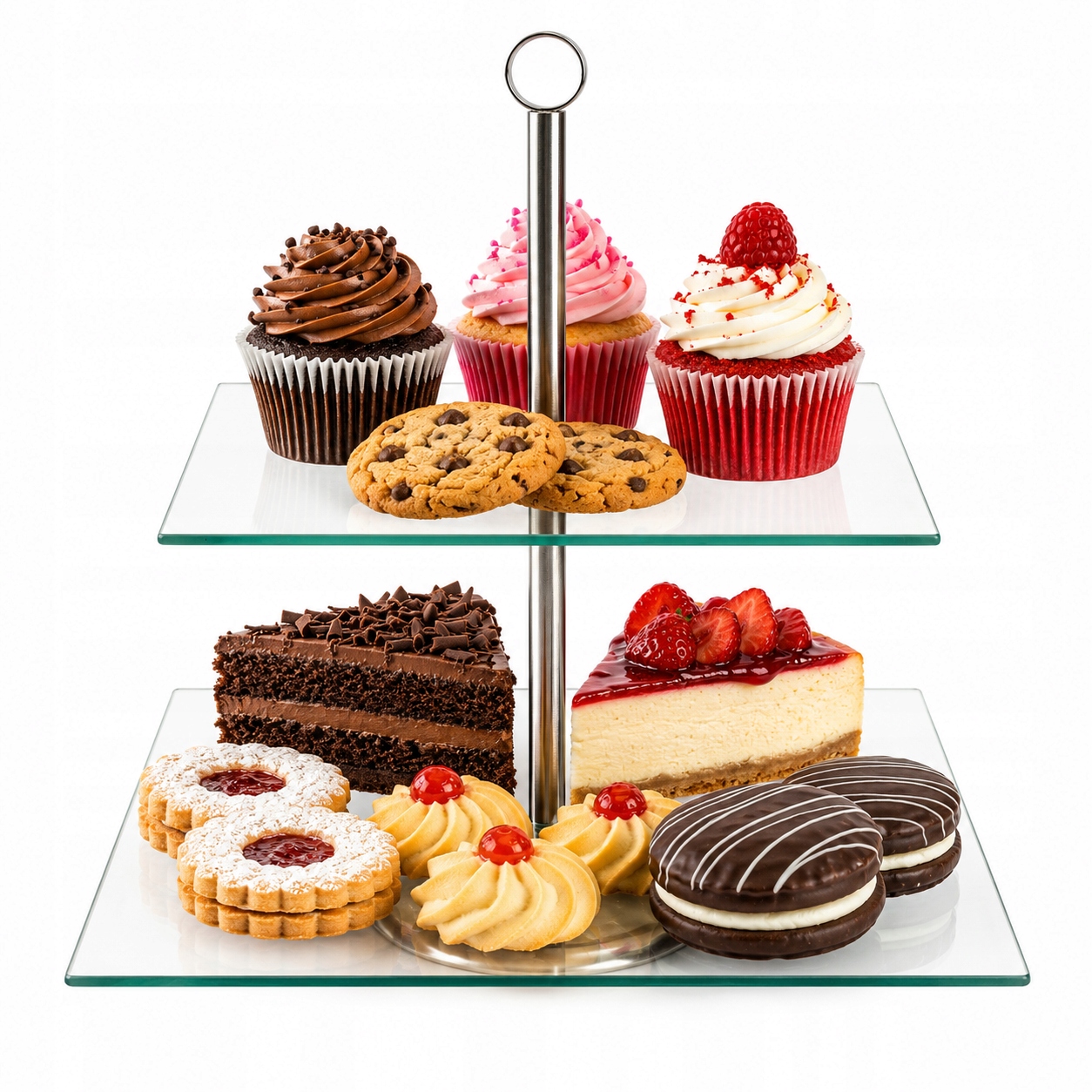 Suport etajat pentru tort si prajituri Kamille 9056, 2 niveluri, sticla si inox, 21 x 21 cm / 25 x 25 cm - imagine 5
