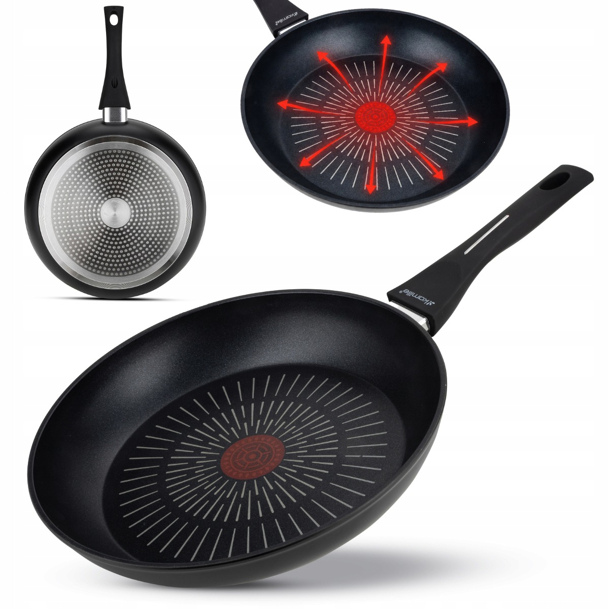 Tigaie antiaderentă din aluminiu forjat, 26 cm, inducție, cu indicator de încălzire, fără capac, Kamille - KM4678