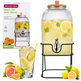 Dozator pentru băuturi din sticlă, recipient pentru limonadă 5 L cu robinet, capac din bambus și suport metalic, Kamille - KM9217