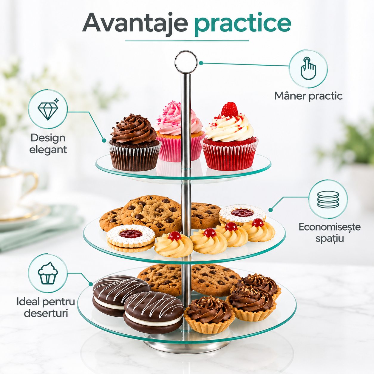 Suport pentru tort și deserturi cu 3 niveluri, sticlă, 21/25/30 cm, Kamille 9055 - imagine 3