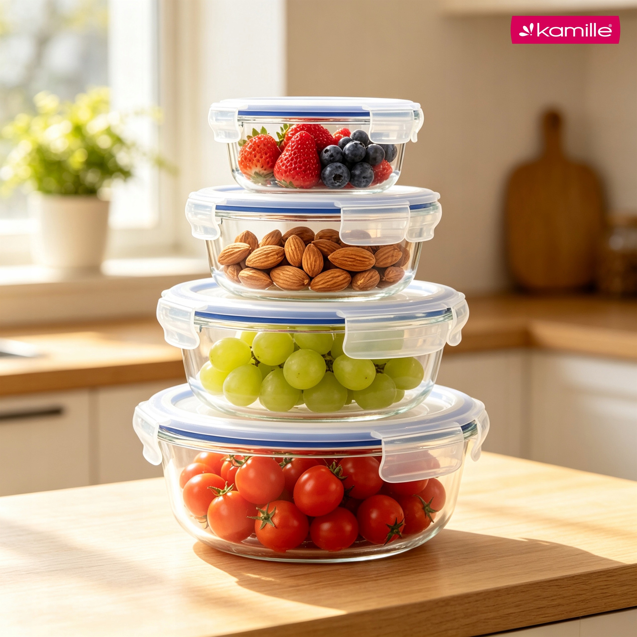 Set 4 recipiente alimentare din sticla borosilicata, cu capace ermetice, 370/635/930/1400 ml, Kamille - KM9116 - imagine 2