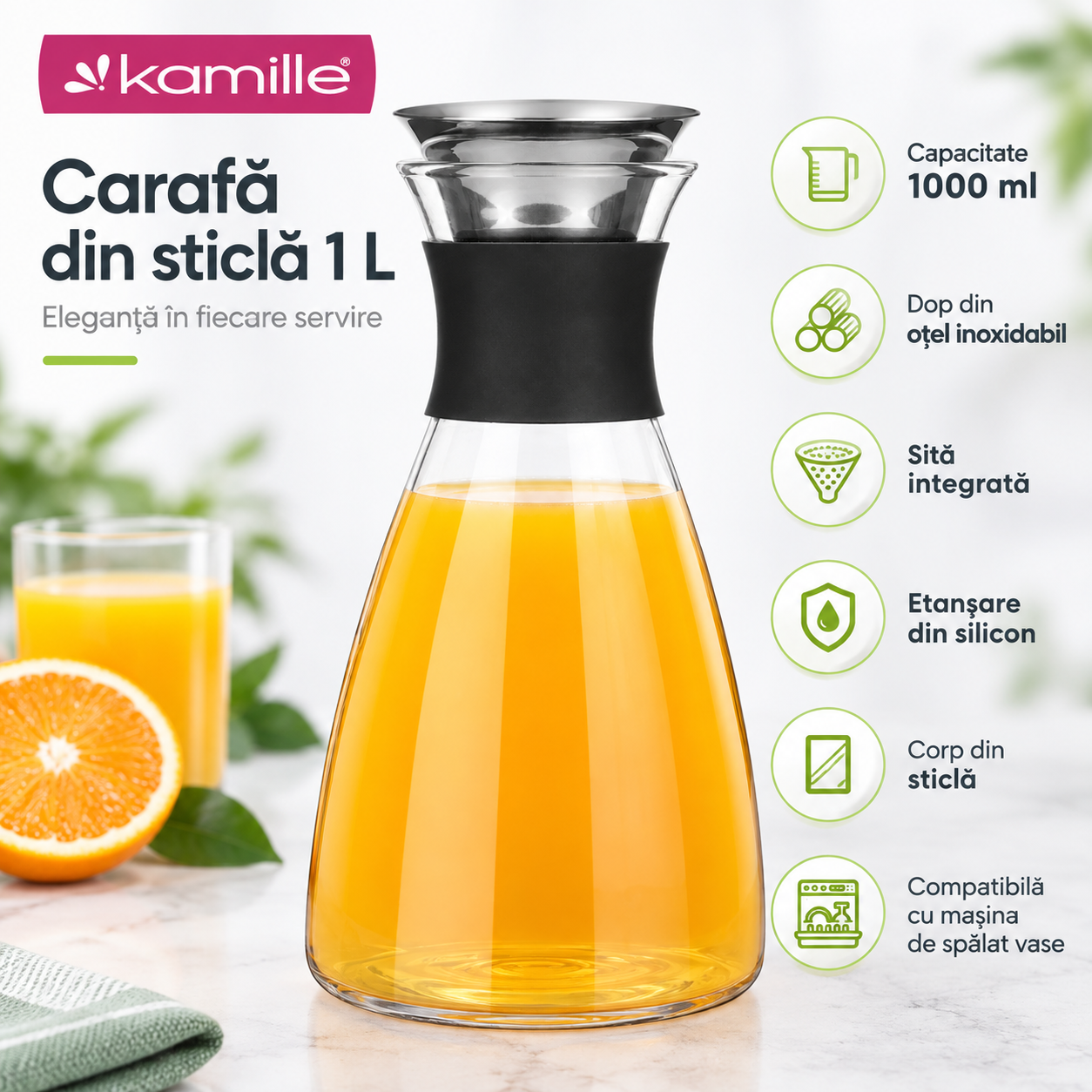 Carafă din sticlă pentru apă și băuturi, 1 L, dop din oțel inoxidabil, Kamille - 9031 - imagine 3