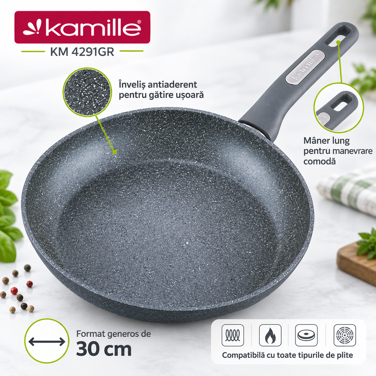 Tigaie din aluminiu cu înveliș granit, 30 x 6 cm, pentru inducție, Kamille - 4291GR - imagine 3
