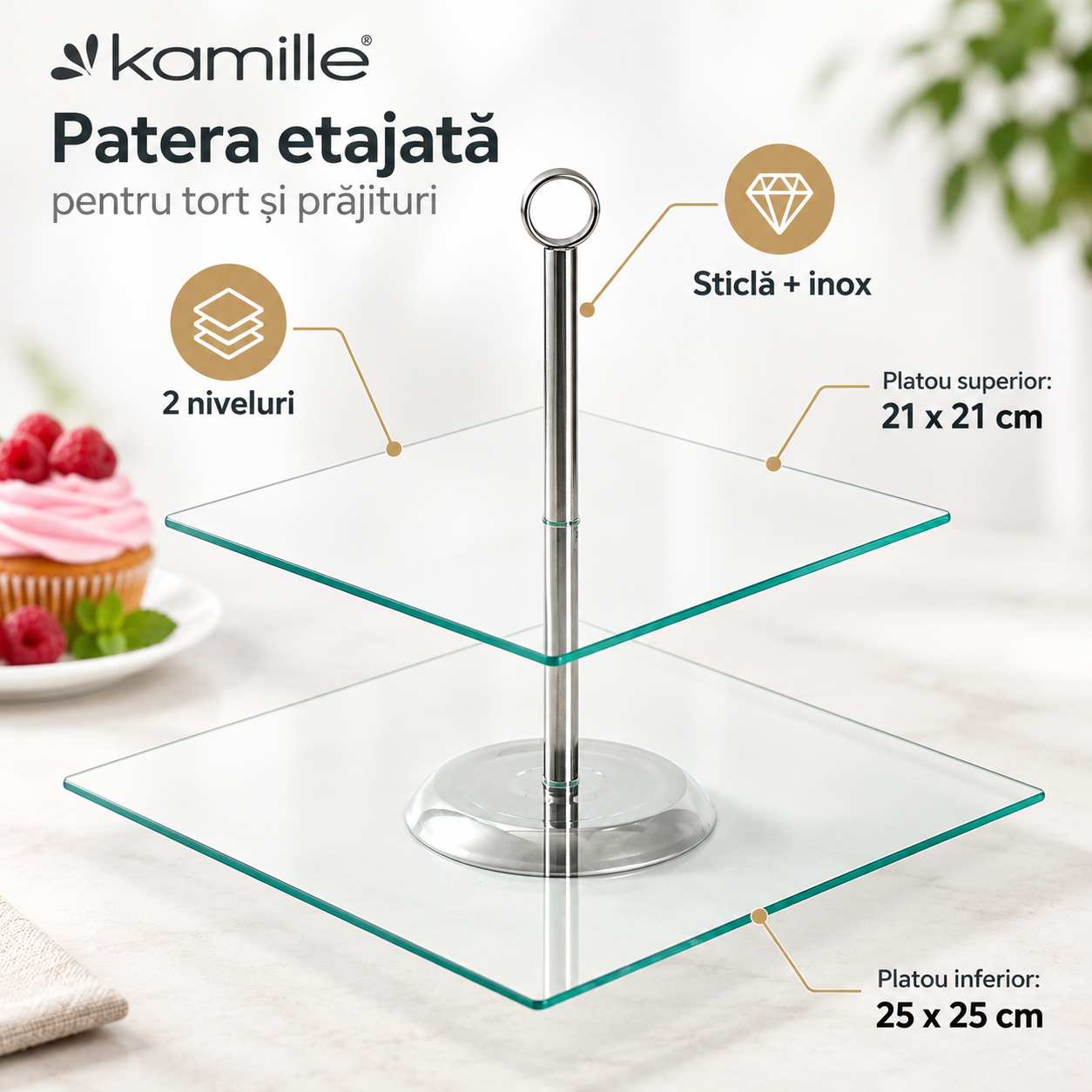 Suport etajat pentru tort si prajituri Kamille 9056, 2 niveluri, sticla si inox, 21 x 21 cm / 25 x 25 cm - imagine 2