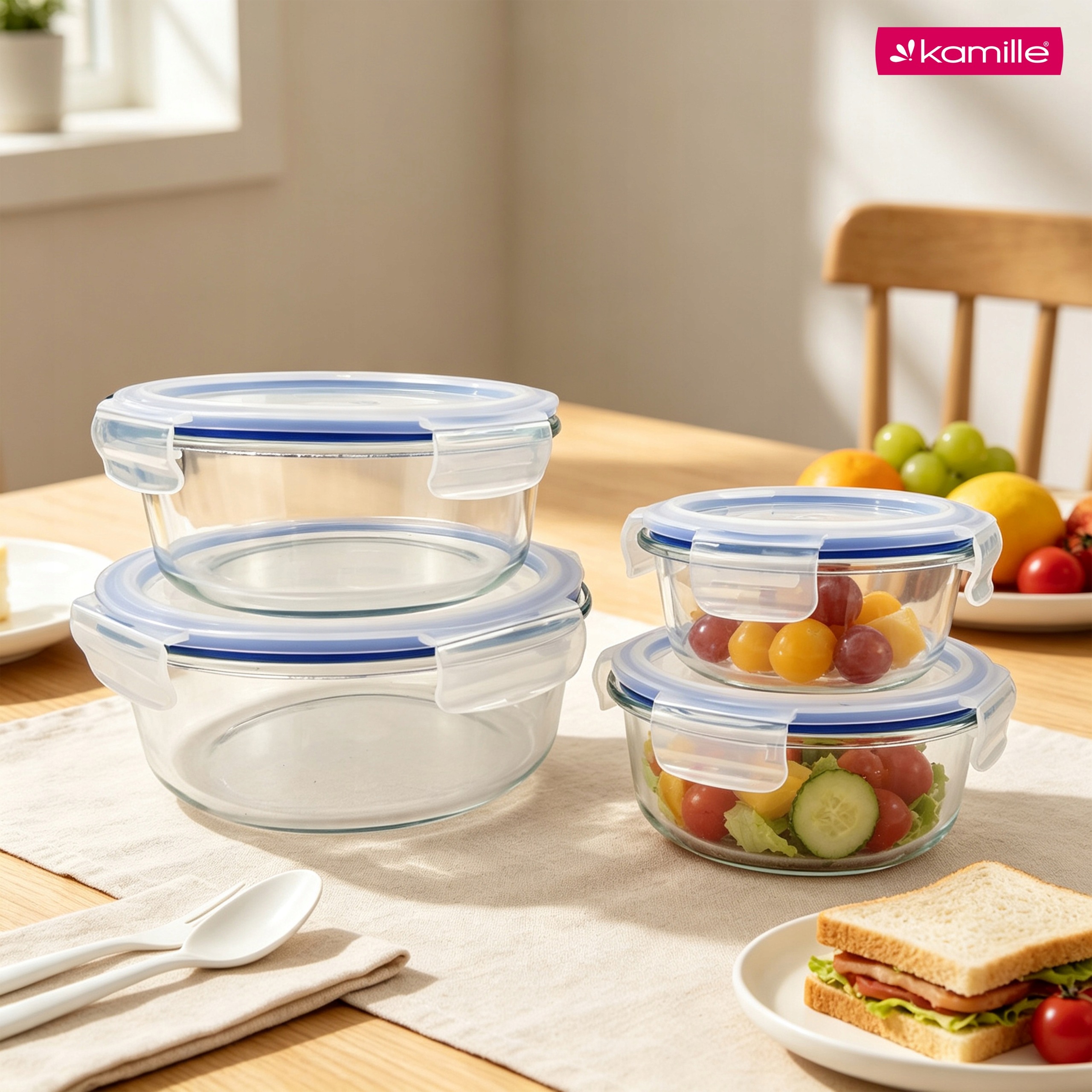 Set 4 recipiente alimentare din sticla borosilicata, cu capace ermetice, 370/635/930/1400 ml, Kamille - KM9116 - imagine 5